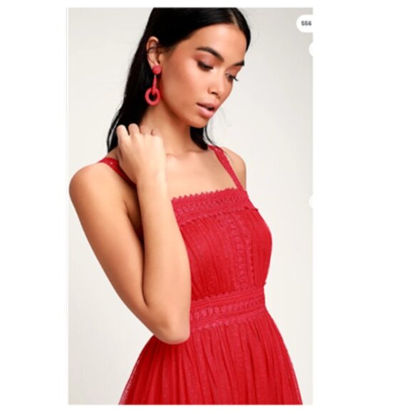 LuLu's Mesh Midi Dress Swiss Dot Lace Crochet Chiffon Overlay - Picture 8 of 16